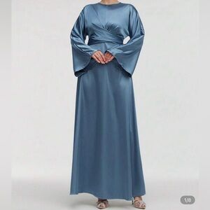 US 6 Medium Veilorie Satin Blue Wrap-Style Maxi Dress - Long Sleeve (NEW)